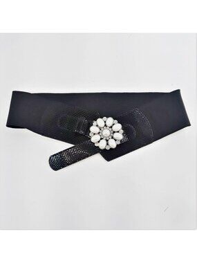 NY&C Rhinestone Buckle Black Waist Cinch Belt Size S/M (Fits 28" to 30")
